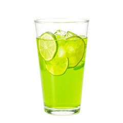 Freshly squeezed lime juice in a vibrant glass exuding a zesty and energizing aura with its deep green yellow hue on a white backdrop