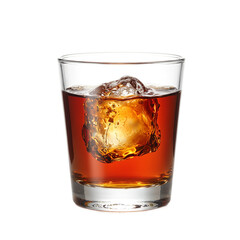 Indulge in the luxurious simplicity of a glass of smooth amber bourbon with a single ice cube set against a pristine white backdrop