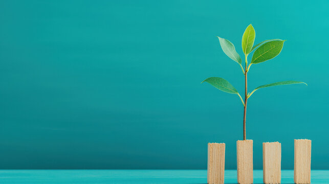 Planting trees for future generation, Young tree growing with wooden stakes on teal background