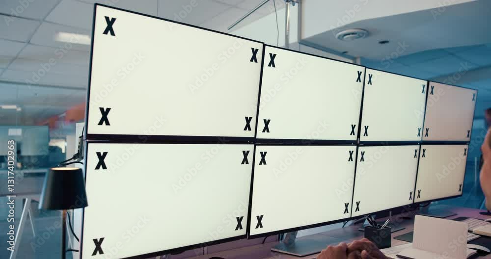 Poster computer screen, space and surveillance with man in office to monitor live feed for update. display,