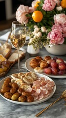 Fototapeta premium Elegant dining setup with a glass of sparkling wine, cured meats, and fresh flowers.