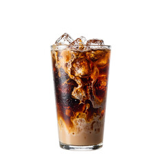 Refreshing iced coffee in a glass swirling cream with ice cubes against a clean white backdrop A perfect image for cafe and beverage concepts