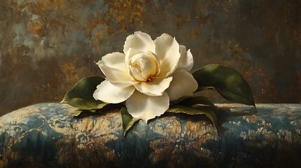 A masterfully painted oil artwork of a lone gardenia lying on an opulent velvet cushion, illuminated by soft golden evening light, textured brushstrokes enhancing the floral elegance,