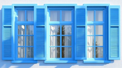 Obraz premium Three light blue windows with matching shutters on a white wall. Sunlight streams through the panes, illuminating the scene. 