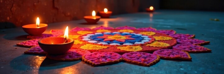 Brightly lit diyas and rangoli patterns on floor, spiritual, joyful