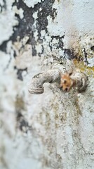Close-up of an old, rusted water faucet attached to a textured wall.