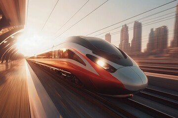 Velocity in Motion: A sleek, modern high-speed train streaks through a tunnel towards the radiant cityscape, symbolizing speed, efficiency, and progress.