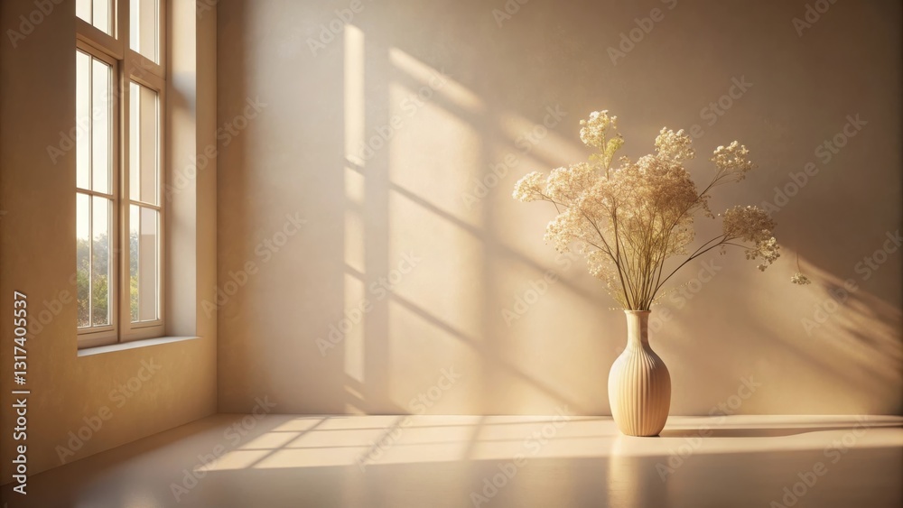 Poster sunlight streaks through the window, illuminating a simple vase with delicate white blooms against a