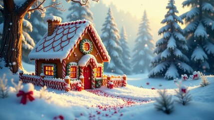 Enchanted Gingerbread House in a Winter Wonderland, Adorned with Candy Canes and Festive Decorations, Nestled Amongst Snow-Covered Evergreen Trees at Sunset