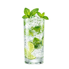 Refreshing mojito cocktail in a highball glass adorned with mint and lime effervescent bubbles against a clean white backdrop