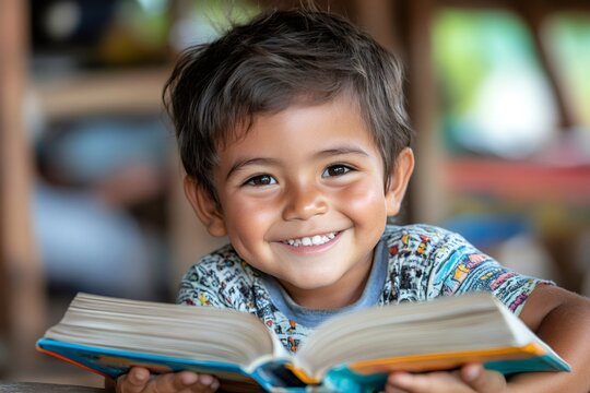 Happy latin kid smiling and holding a book while learning at kindergarten