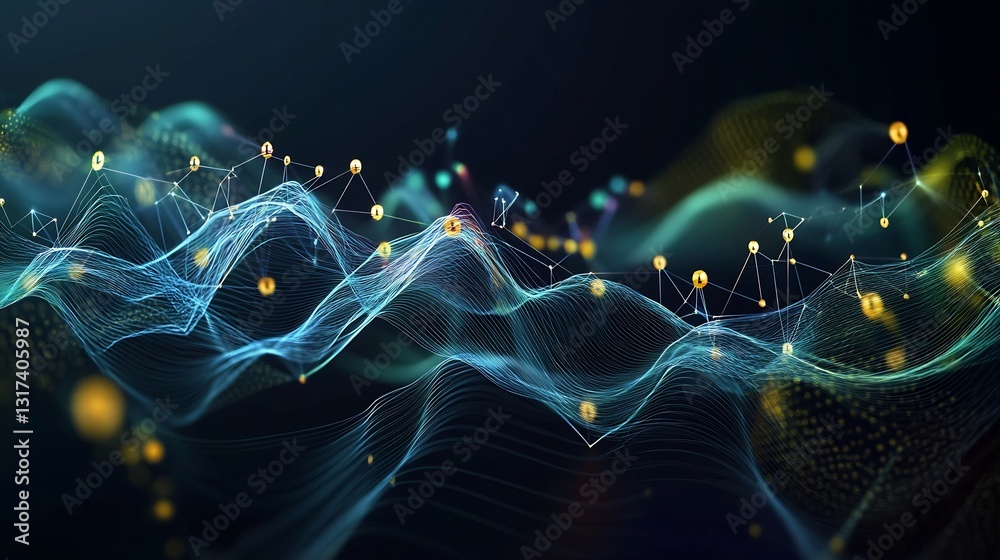 Poster Artistic visualization of derivatives symbolic nodes flowing geometric pathways representing options and futures