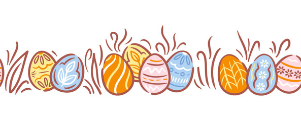 A seamless horizontal border featuring beautifully decorated Easter eggs nestled in lush grass. intricate patterns of the eggs create a joyful, festive atmosphere, perfect for spring celebrations.