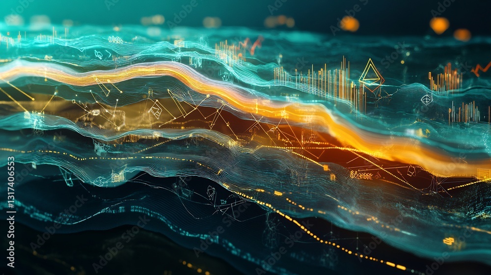 Poster Artistic visualization of financial risk interconnected layer symbolic arrow representing mitigation strategy