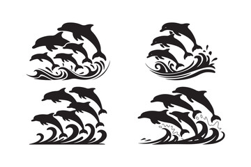 Jumping Dolphins Silhouette with Ocean Waves Marine Life Vector Art