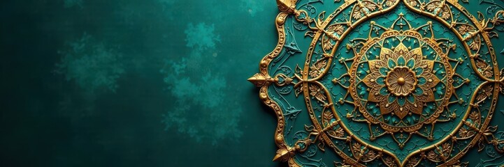 Fototapeta premium Golden mandala and intricate Islamic geometric pattern on deep teal background , rich, abstract