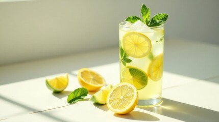 Refreshing citrus beverage with ice and mint garnish in a tall glass, accompanied by lemon and lime slices on a bright surface illuminated by sunlight.