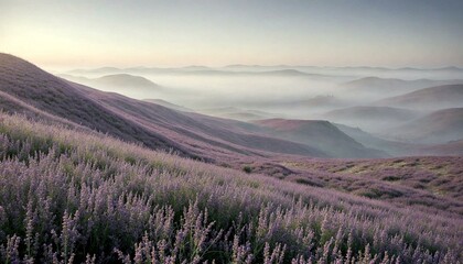 Obraz premium Serene Lavender Field Bathed in Dawn Mist