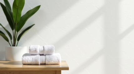 Serene Spa Setting Two Fluffy White Towels Resting on a Light Wooden Table Beside a Lush Green Plant, Bathed in Soft Sunlight