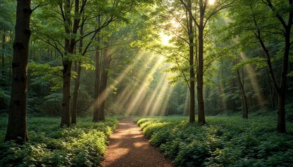 Obraz premium Golden Sunlit Forest Path Inviting Exploration