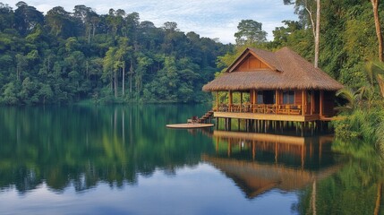 Obraz premium Overwater bungalow on a tranquil lake nestled within a lush green rainforest. The still water reflects the bungalow and surrounding trees.