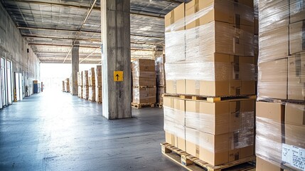 Palletized boxes stacked high in a large storage warehouse with concrete pillars