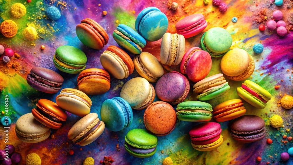 Poster a vibrant display of colorful macarons arranged on a canvas of swirling hues, evoking a sense of cel