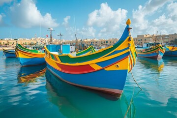 Traditional colorful maltese fishing boats in marsaxlokk harbor reflecting on calm turquoise water
