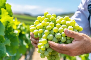 Winemaker inspects ripe white grapes amid lush vineyards under a clear blue sky before harvest season in picturesque rolling hills