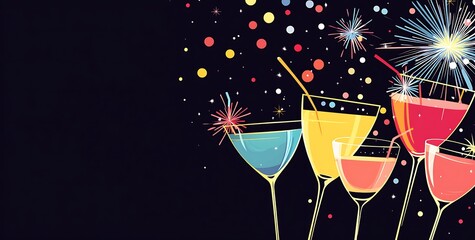 Colorful cocktail glasses and fireworks, with simple shapes and lines in a minimalist style party banner