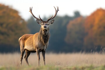 Fototapeta premium Majestic Red Deer Stag: A majestic red deer stag with large antlers stands proudly in an autumnal field, his gaze directed towards the camera, creating a powerful and captivating image. 