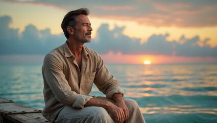 Thoughtful middle-aged man contemplating the sunrise over the serene ocean horizon