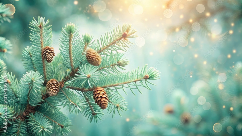 Poster a close-up of a pine branch with pinecones in focus against a soft, bokeh-filled background, showcas