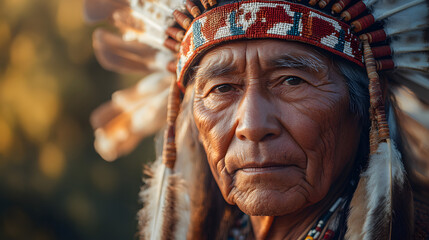 Obraz premium Wisdom of the Ancestors: A close-up portrait of a venerable Native American elder, adorned in a traditional headdress, gazing with a sense of timeless wisdom and cultural heritage. 