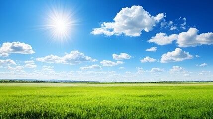 Obraz premium Bright Sunny Day over Vast Green Field and Blue Sky
