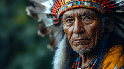 Obraz premium Indigenous Elder in Traditional Attire: A dignified and venerable Indigenous elder, adorned in vibrant traditional ceremonial attire, gazes serenely at the viewer.