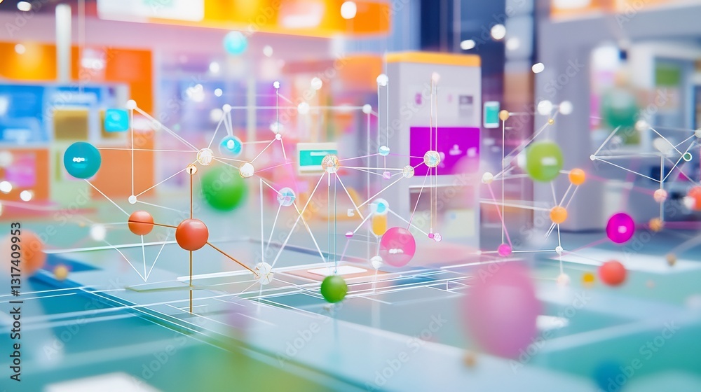 Poster artistic visualization of retail banking showcasing interconnected nodes geometric pathways customer