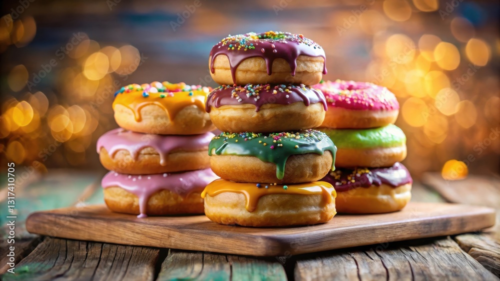Poster A stack of colorful donuts with sprinkles and drizzled glaze on a wooden board with a bokeh background