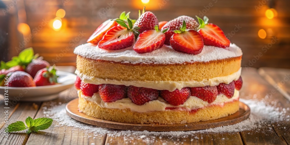 Poster a delicious strawberry cake with whipped cream and powdered sugar, ready to be sliced and enjoyed