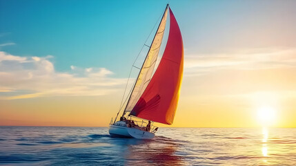 Sailboat racing at sunset, ocean backdrop, vibrant colors, travel brochure