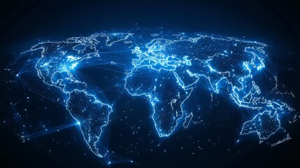 Global digital connections represented in glowing blue lines across the world map.
