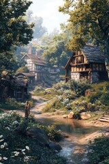 Village scene with a small stream flowing through, surrounded by nature