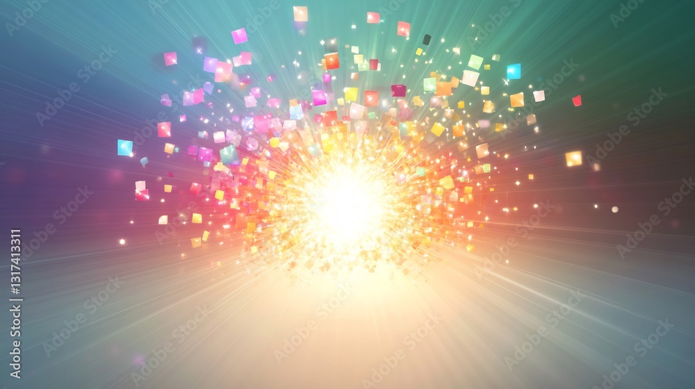 Poster Branding concepts colorful radiant icons emerging a central glowing point in a clean minimalist background