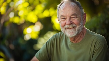 Elderly caucasian male smiling outdoors in green shirt with nature background.