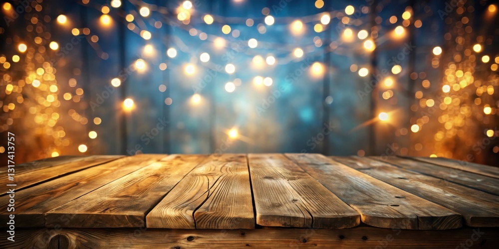 Poster rustic wooden tabletop with a blurry background of warm string lights and a soft blue hue