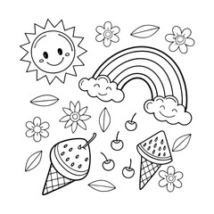 Naklejka premium Happy Summer Coloring Page Simple Line Art with Smiling Sun, Rainbow, and Ice Cream Cones for Kids' Activities and Printable Designs