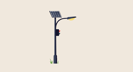 Minimalist illustration of a solar-powered street light with a traffic signal, showcasing eco-friendly technology and clean design aesthetics.