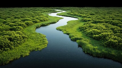 Fototapeta premium Aerial View of Serene River Flowing Through Lush Green Forest