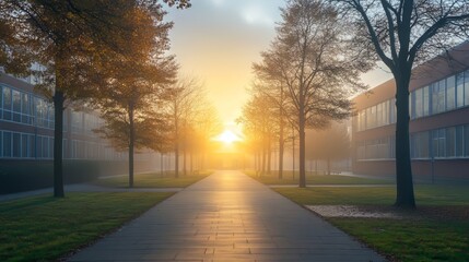 Majestic sunrise over a tranquil campus, framed by autumn trees and morning mist.