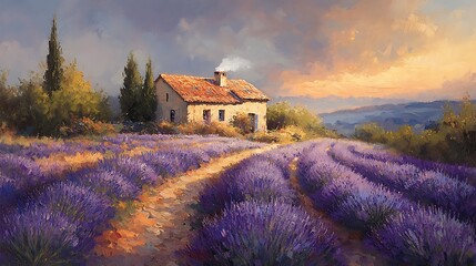 A serene oil painting capturing a lush lavender field stretching toward the horizon, a rustic French farmhouse bathed in soft morning light, mist gently rising from the earth,